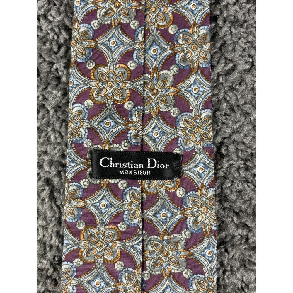 Christian Dior Monsieur Vintage Silk Tie Purple Geometric Medallion Italy Fabric